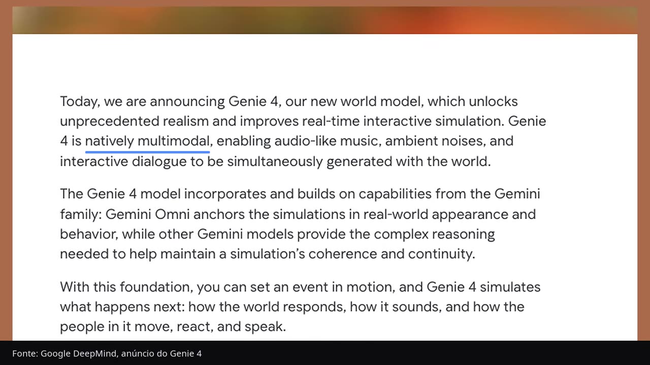 Anúncio oficial descreve o Genie 4 como nativamente multimodal