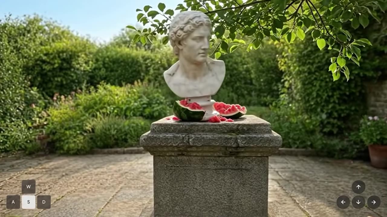 Busto de mármore sobre melancia, com controles de teclado na tela da demo