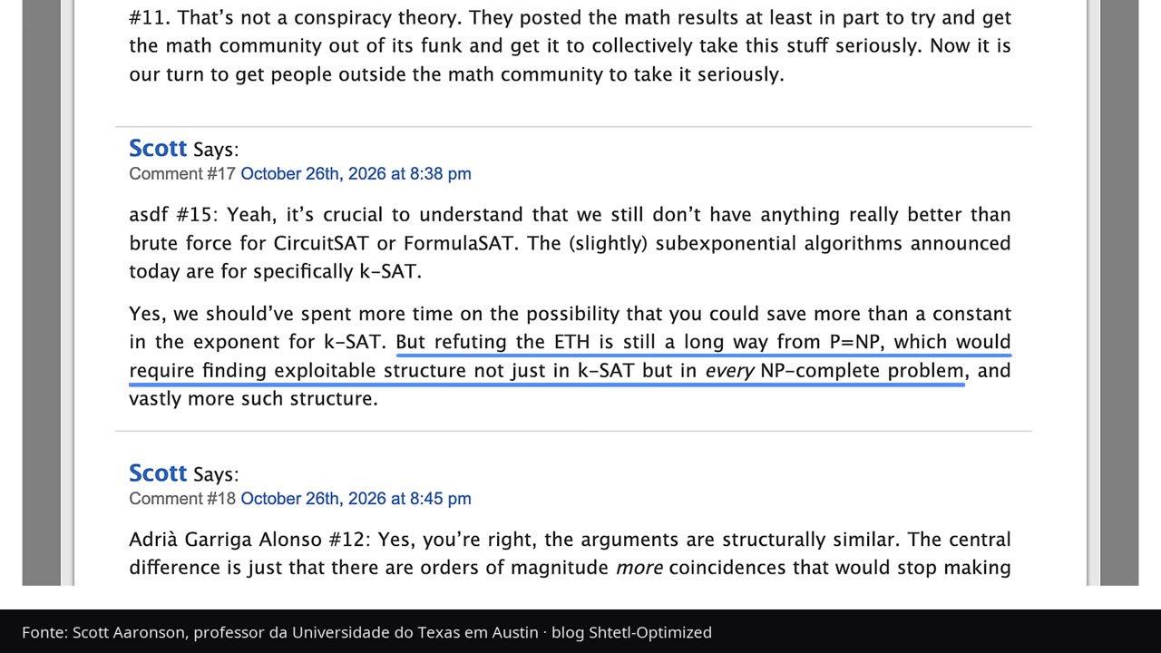 Comentário de Aaronson no blog sobre a distância entre a ETH e P=NP